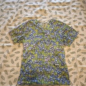 Cherokee Floral V-Neck Scrub Top in Purple and Green